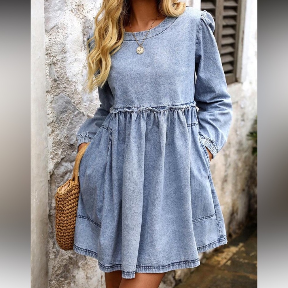 Light wash denim baby doll dress
